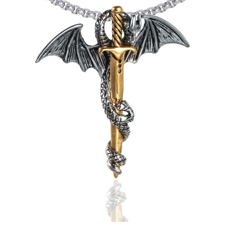 Xusamss Punk Titanium Steel Dragon Sword Wing Pendant Necklaces (White Gold) - Image 1